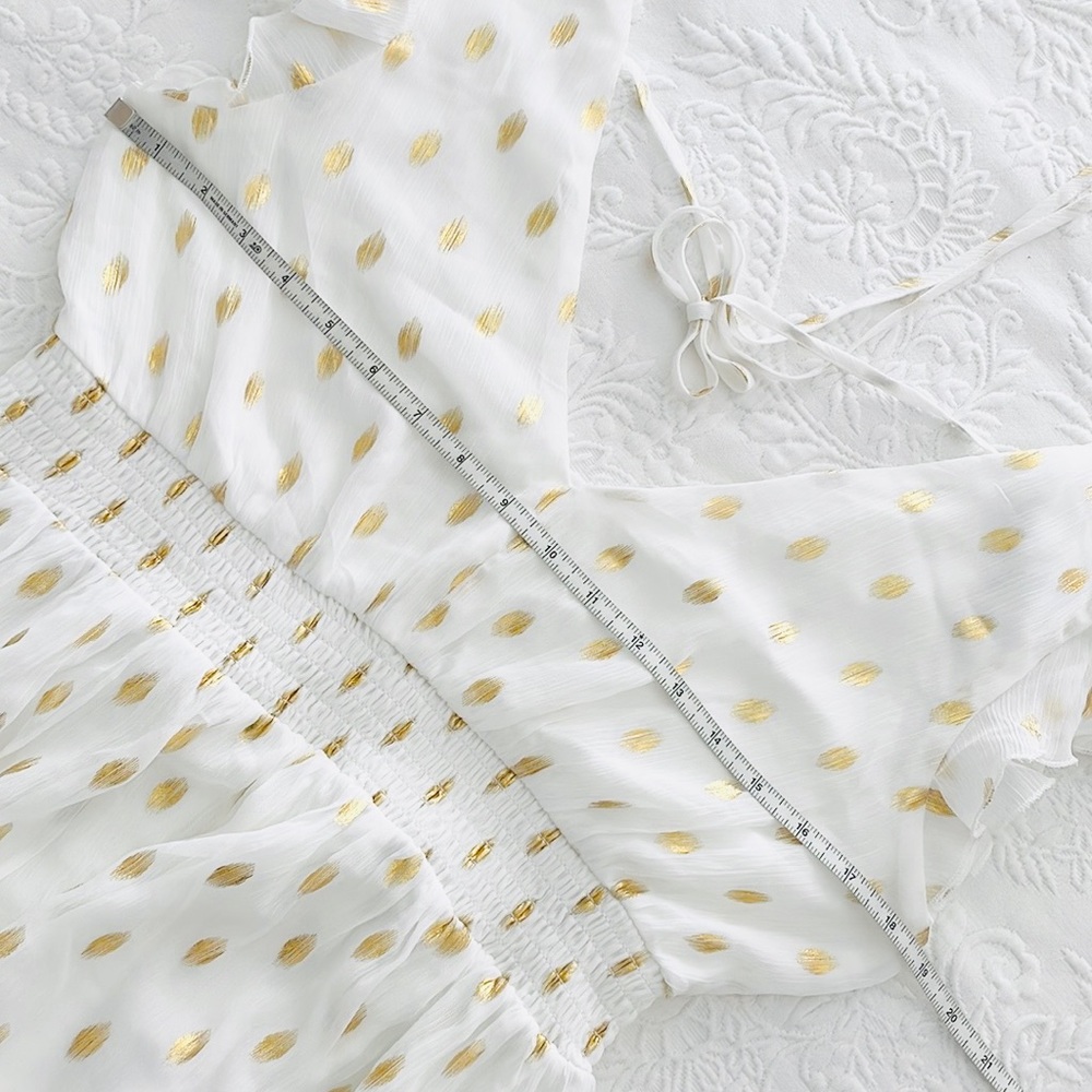 NWOT Lulus Cause to Celebrate White and Gold Dot Ruffled Tiered Midi Dress - Picture 9 of 11